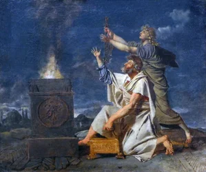 父親を伴った若いローマの戦士が神々に武器の成功を求めている、1780年頃（キャンバスに油彩）