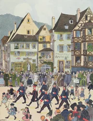 1913年にチョコレートを買った後、サヴェルヌを兵士たちと一緒に去るフォースナー氏、「アルザスの歴史」のイラスト