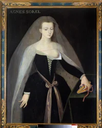 Agnes Sorel (1422-1450) (Beaute sur Marne) (Beaute-sur-Marne)の肖像 シャルル7世(1422-1461)の寵愛を受けた彼女の乳房は脱ぎ捨てられている。ジャン・フーケの後の絵画 16世紀、ロッシュ王宮 - アグネス・ソレル（1422-1450）の肖像（貴婦人