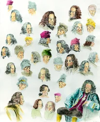 作家フランソワ・マリー・アルエ・ド・ヴォルテール（1694-1778）のさまざまな表情や髪型を、ジャン・ユベール（1721-1786）の絵画を参考にして作成した18世紀の作品。