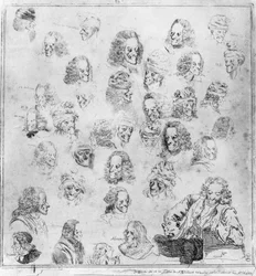 30人のヴォルテールの頭の中にある異なる曲。フランソワ・マリー・アルエ（Francois Marie Arouet, dit Voltaire, 1694-1778）のポートレート「ヴォルテールの異なる人相」。ジャン・ユベール（1721-1786）の後、ドミニク・ヴィヴァン・ドノン（Vivant Denon）（1747-1825）に帰属する強い水。Musee C