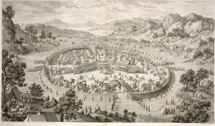Tchao-Hoei Occupies his Troops with Exercises and Military Games in 1758, プレート5, Pierre Philippe Choffard (1730-1809) 1772年に中国の皇帝である乾隆帝の征服を表す一連の版画の中の一枚。