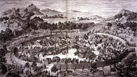 Tchao-Hoei in his Camp below the Wall of Yerechim Receives the Homage of the Inhabitants of the Town and Province in July 1759, プレート4, Pierre Philippe Choが彫刻した中国の乾隆帝の征服を表す版画シリーズより