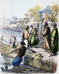 メフメト・アリ（1769-1849）、コンスタンチノープルに到着 - 1828年：メフメト・アリ、コンスタンチノープル（トルコ、イスタンブール）に到着 フランス人画家ジャン＝アドルフ・ボース（1818-1875）による1846年の水彩画。ムハンマド・アリ・パシャまたはメフメト・アリ；1769年～1849年。オスマン・アルバニアのコンマ