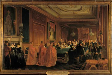 ヴィクトリア女王（1819-1901）がルイ・フィリップ1世（1773-1850）にジャレティエール騎士号を授与する場面（ウィンザー城にて
