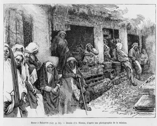 チャド、バーレーンのバザール。A.RixensによるA Suse, journal des excavillesの物語を説明するためのエングレービング。