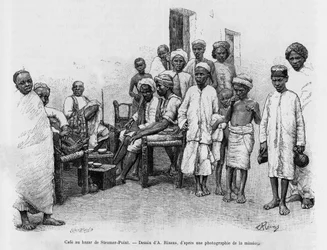 イエメン、アデン、スチーマー・ポイント・バザールのカフェ。A.RixensによるA Suse, journal des excavillesの物語を説明するためのエングレーヴィング。