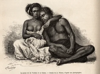マルキーズ諸島のタウアタ島にあるヴァイタツの若い王が、妻の腕を囲んでいる。1872年から1874年にかけて、船員のA.Pailhesが太平洋の記憶を描いたA.Rixensの絵の後に彫られている。
