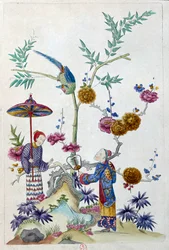 ドローイングは中国の花瓶から来ています：庭のカップル。ジャン・アントワーヌ・フレイズ（18世紀）の絵画