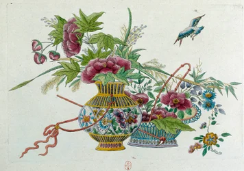 花瓶の中の花。ドローイングは中国の花瓶から。ジャン・アントワーヌ・フレイズの絵画（18世紀