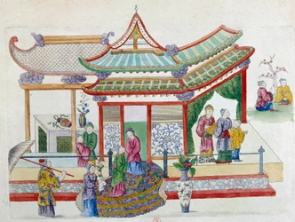 庭園の風景。ドローイングは中国の花瓶から。ジャン・アントワーヌ・フレイズの絵画（18世紀