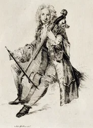 チェロ奏者、ジャン・アントワーヌ・ワトー（1684-1721）作、エングレーヴィング、フランス