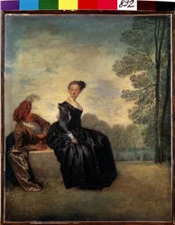 ブードゥーズ（気まぐれな女性）。 ジャン アントワーヌ ヴァトー (1684-1721) の絵画。 キャンバスに油彩、42 x 34 cm