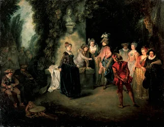 ジャン＝アントワーヌ・ワトー（1684-1721）作「フランス劇場の愛」、油彩・キャンバス、37x48 cm