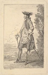 歩いて右手に杖を運ぶ男。 1710年。
