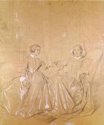 シャルルダゴール伯爵夫人（1805-76年）と娘のクレアダゴール（1849年5月）（紙に白いチョークが描かれた鉛筆）