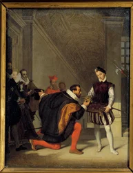 アンリ4世（1553-1610）の剣に口づけするフィリップ2世の大使、ドン・ペドロ・デ・トレド（1553-1610）。ルーヴル美術館のアンリ2世の階段。ジャン・オーギュスト・ドミニク・アングル（1780-1867）の絵画 19世紀 日。0.36x0.28 m - ドン・ペドロ・デ・トレド、フィリップ2世の大使。