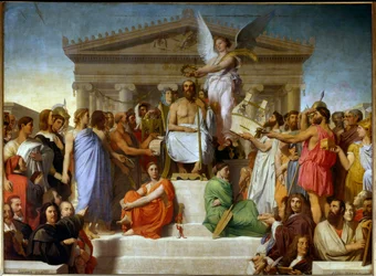 ホメレの神格化」とは、ギリシャの詩人ホメレ（紀元前8世紀）を神聖化したもので、彼は王冠をかぶり不死身となり、その足元にはイーリアスとオデュッセーを象徴する2人の女性がいます。彼の周りには、芸術と歴史の偉大な人物たちが描かれています。