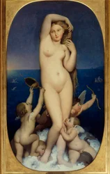 ヴィーナス・アナディオーネ ジャン・オーギュスト・ドミニク・アングル（1780-1867）の絵画 19世紀 太陽。1,6x0,9 m シャンティ、コンデ美術館 - アナディオーネのヴィーナス。ジャン・オーギュスト・ドミニク・アングル（1780-1867）の絵画