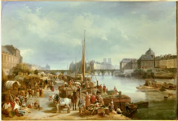 サン・ニコラス港の眺め パリのポン・ヌフの近くにありました。 Jean Auguste Garneray (1778-1845) による絵画 1834 Sun. 0,8x1,18 m パリ、カルナヴァレ美術館