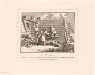 建設中の木造住宅の前のハサミそりの人物像 Le Remouleur (オブジェクトのタイトル)