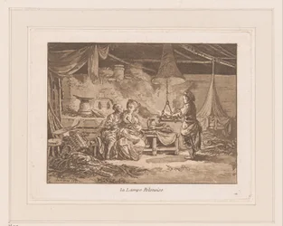 ベンチに 2 人の人物がいる納屋の内部と、火のそばにいる男性 ラ ランプ ポロノワーズ (オブジェクトのタイトル)