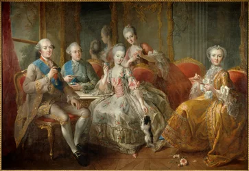 1768年のペンティーヴル公爵家」または「ショコラの袋」：ペンティーヴル公爵（1725-1793）、息子のランバル公爵（1747-1768）、ランバル王女（1749-1792）、娘のマドモアゼル・ド・ペンティーの肖像画が再構成されています。