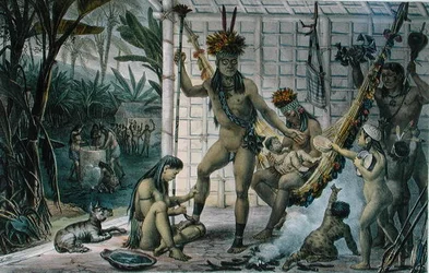 祭りの準備をするカマカン族インディアンの酋長の家族（パリで出版されたJean-Baptise Debret（1768-1848）の「Voyage Pittoresque et Historique au Bresil」からの挿絵