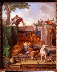 ルイ16世（1754年～1793年）の狩猟を描いたプレート：犬が獲物を取っている様子を表すディテール。フィリップ・カステル（1746年頃～1797年）作、ジャン・バティスト・ウードリー（1686年～1755年）作の磁器に描かれた絵画 1778年～1781年 日。0,39x0,49 m Versailles, musee du chateau.