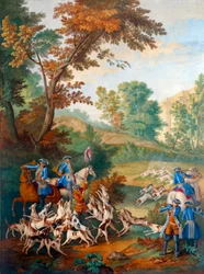 ルイ16世（1754年～1793年）の狩りを描いた額：「la petite curee des jeunes chiens ou le forum à la fin de la curee」磁器に描かれたフィリップ・カステル（1746年頃～1797年）の絵 ジャン・バティスト・ウードリー（1686年～1755年）の絵 1778年～1781年 日の丸 0,39x0,49m