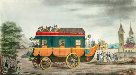 車（精進）には蒸気がある。1835年のフランスの発明。アンジュ・ティシエ（1814-1876）のエングレーヴィング。1835.個人蔵