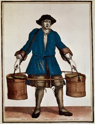 水運び、アンリ・ボナール（1642-1711）とジャン・バティスト・ボナール（1654-1726）によるカラー・エングレーヴィング、『フランス宮廷生活様式集』より
