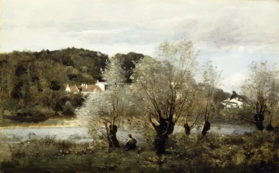 アヴァリの村の池の端にいる漁師。 Pecheur au Bord de L "Etang a Ville d" Avray、c.1850-55