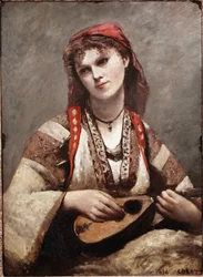 ジプシーがマンドリンを持っている。ジャン＝バティスト・カミーユ・コロー（1796-1875）による絵画。1874.サンパウロ美術館。ブラジル