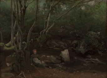 ロルムス：森の小川のそばに座る山羊少女、1842年。