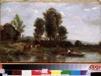 ""Paysage a la riviere"" (Landscape with a river) Peinture de Camille Corot (1796-1875) 19eme siecle Far Eastern Art Museum, Khabarovsk, Russie   1318630   ja       japanese Successfully Translated  Original: After the Storm Translat: After the Storm 12320