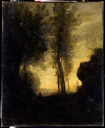 ヤギが座ってフルートを吹いている風景。カミーユ・コロー（1796-1875）の作品