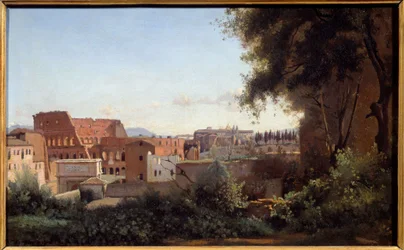 ファルネーゼ庭園からローマのコリゼ（コロッセオ）を望む 絵画：カミーユ・コロー（1796-1875） 1826年 日の出。0.3×0.49m