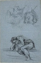 手に頭を乗せた坐像と2つの戯画（レクト）；ルネットの中の4人の人物（裏面）