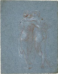 抱きしめる 2 人の立像 (直腸); 大鎌を持つ男と建物のスケッチ (裏面)