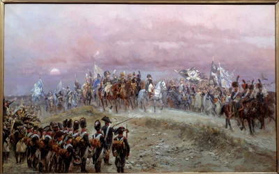 イエナの戦いの夕べ 1806年10月14日 エドゥアール・ディテイル（1848-1912）の絵画 1894年 日0.8x1.3 m パリ、アルミー美術館