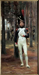 1806年のインペリアル騎士団の足元にいる擲弾兵 エドゥアール・ディテール（1848-1912）の絵画 日の丸。1,10 X 0,58 m Paris.アルミー美術館