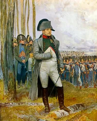 ナポレオン1世とその参謀たちが近衛擲弾兵を眺める - エドゥアール・ドタイユ（1848-1912）による厚紙上の水彩・グアッシュ画、1911年。寸法 0.73 x 0.54 m - パリ、陸軍博物館 - ナポレオン1世ボナパルト（1769-1821）とその参謀たち