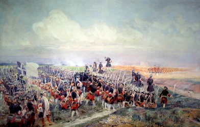 1745年11月05日のフォントノワの戦いの前の救済 エドゥアール・ディテール（1848-1912）の絵画。1912年 日2.1x3.2 m パリ、アルミー美術館