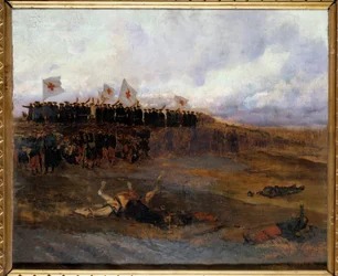 1870年のパリの包囲戦。"キリスト教教義の学校の兄弟たちが戦場に向かう" エドゥアール・ディテール（1848-1912）による絵画 1872年 日。0.53x0.65 m