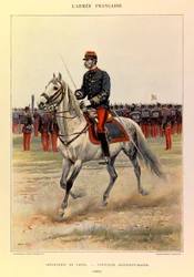 ジュール・リシャール大尉のフランス軍の種類と軍服、エドゥアール・ディテール（1848-1912）によるイラスト。ライン・インファントリー。1885年の大尉令状係、プライベート・コレクション