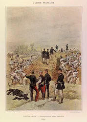 ジュール・リシャール大尉のフランス軍の種類と軍服、エドゥアール・ディテール（1848-1912）が描いたもの。ジェニー部隊、1886年の堡塁の建設、個人蔵