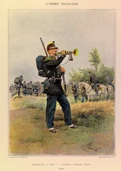Edouard Detaille（1848-1912）が描いたジュール・リシャール大尉のフランス軍の種類と軍服：徒歩のハンター。1885年の大礼服を着たラッパ、個人蔵
