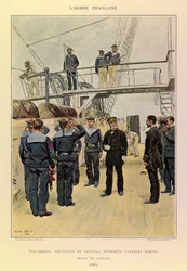 Edouard Detaille（1848-1912）が描いた、ジュール・リシャール大尉のフランス軍の種類と制服。海軍。副提督、船の中尉、志願者、1885年にサービスドレスを着た海兵隊員のライフル、個人蔵