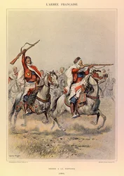 ジュール・リシャール大尉のフランス軍の種類と軍服、エドゥアール・ディテール（1848-1912）のイラスト。1886年の『スパヒス・ア・ラ・ファンタジア』、プライベート・コレクション